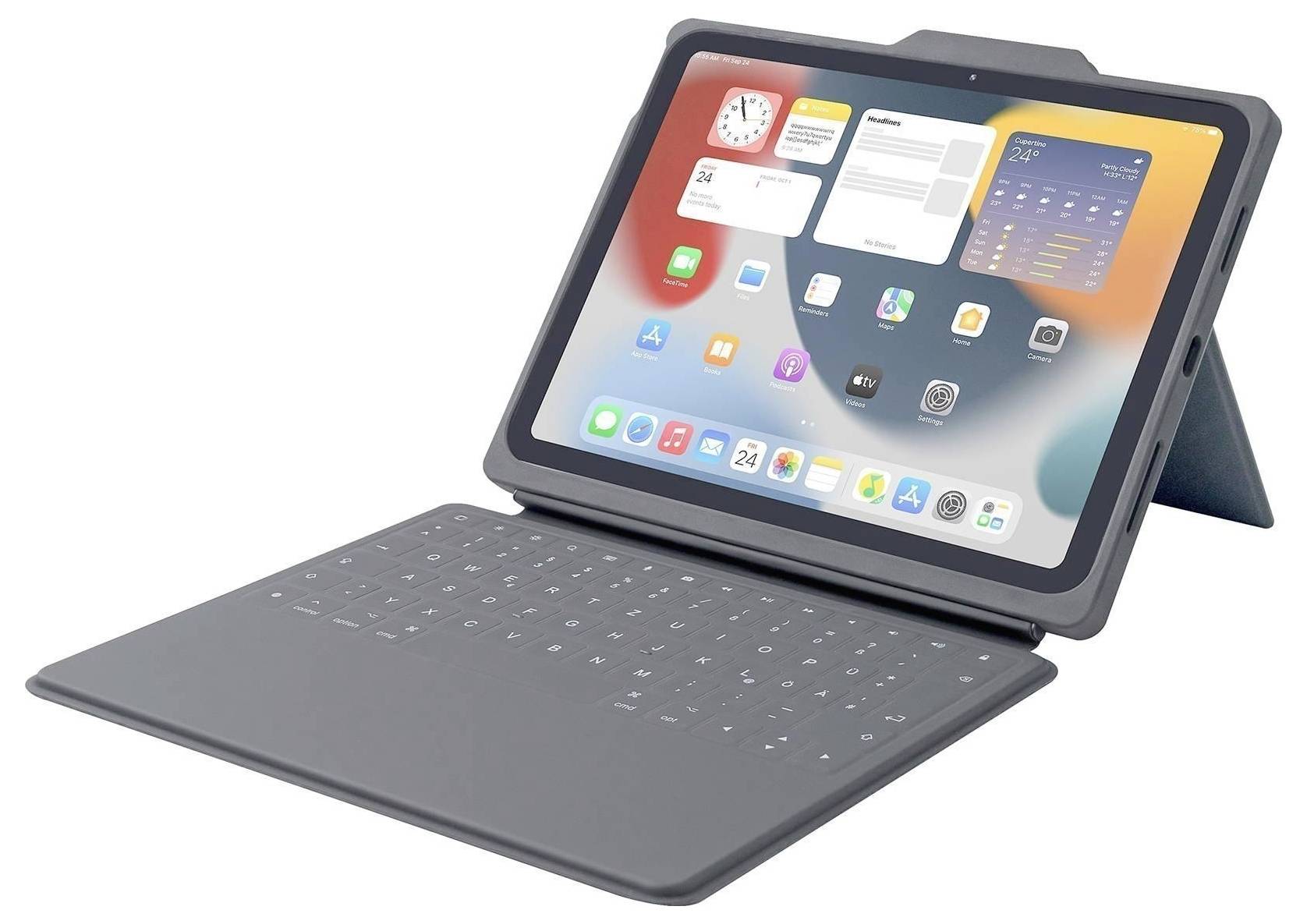 Ein Tablet-Gerät mit angebrachter Tastatur, auf dem ein Startbildschirm mit App-Symbolen und Widgets wie einem Kalender und einer Wettervorhersage angezeigt wird.