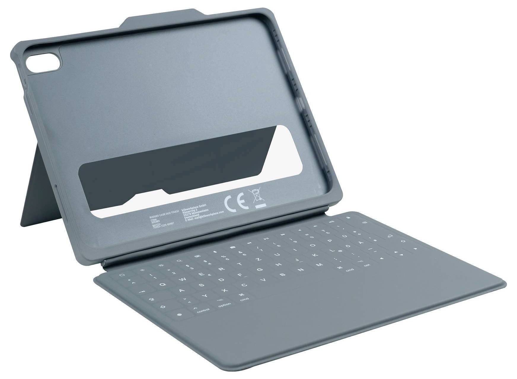 Ein Tablet-Gehäuse mit integrierter Tastatur und Ständer, aufgeklappt dargestellt, konzipiert für vielseitige Nutzung und Schutz des Geräts.