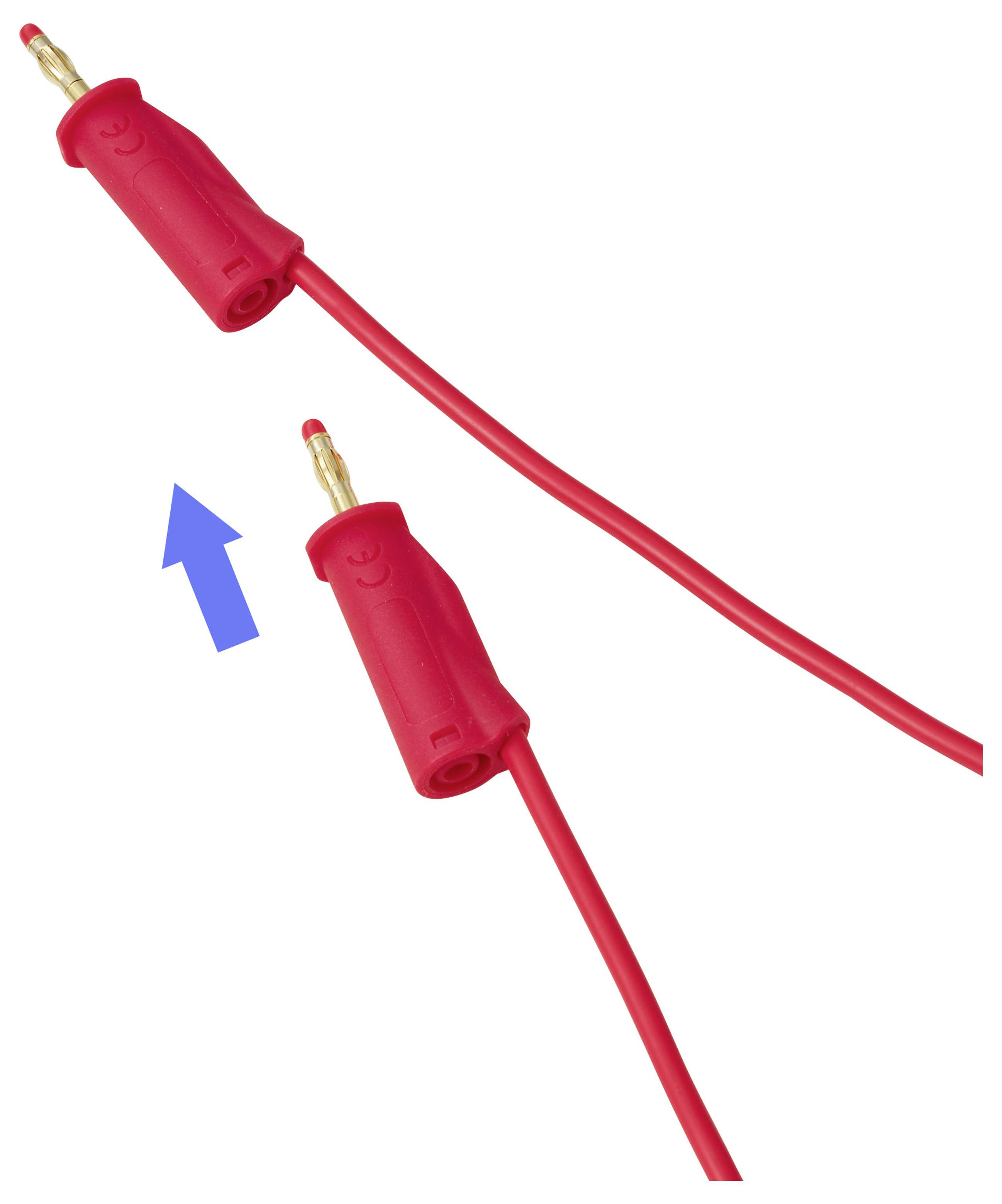 Rotes Stromkabel mit Bananensteckern, dargestellt im getrennten Zustand, mit blauem Pfeil, der anzeigt, dass der Stecker nach oben eingeführt oder ausgerichtet werden sollte.