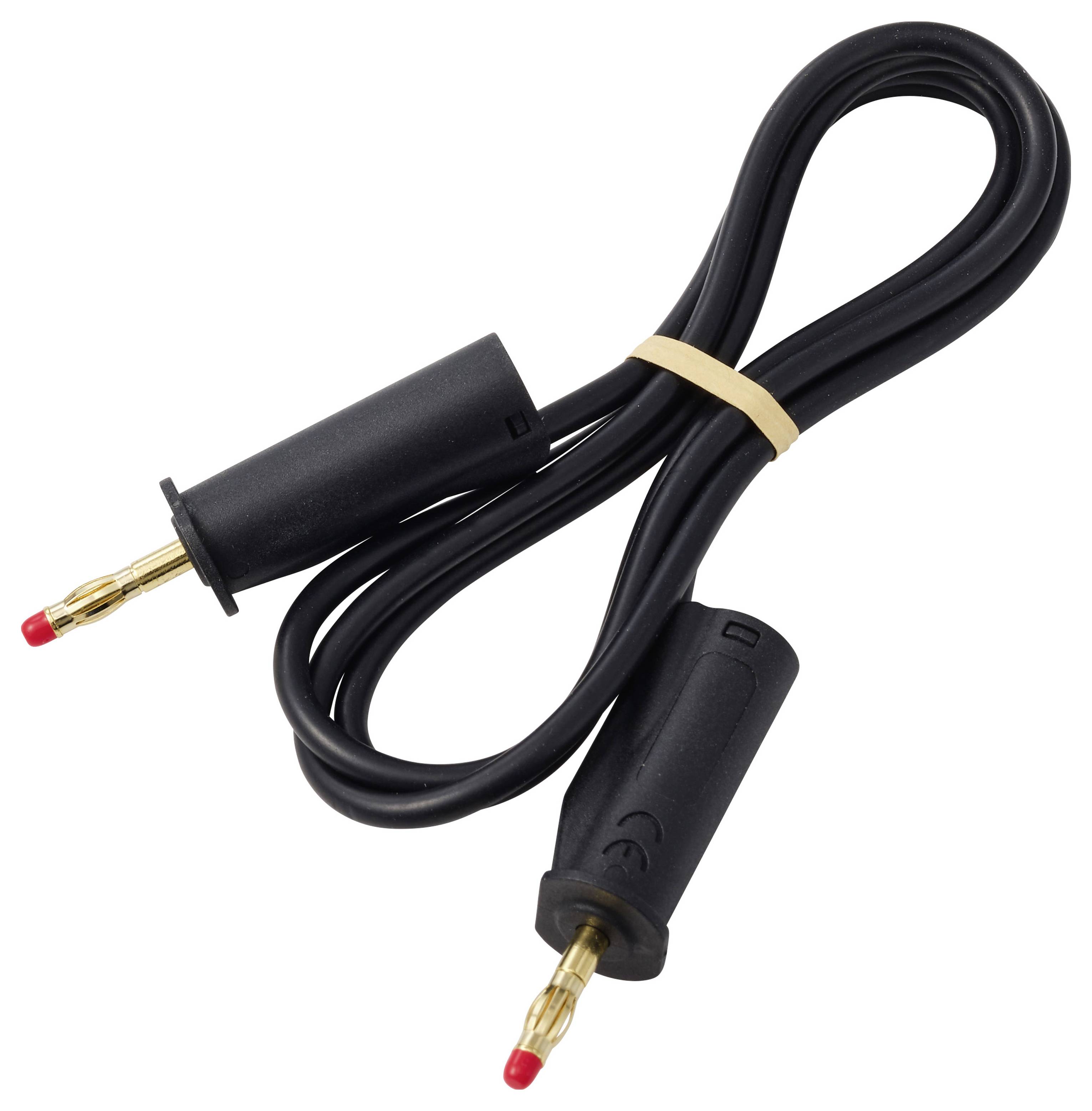 Schwarzes Audiokabel mit vergoldeten 3,5-mm-Steckern auf beiden Seiten, aufgerollt und mit einem beigen Band auf weißem Hintergrund gesichert.