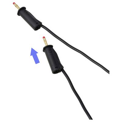 Zwei schwarze Bananenstecker an Kabeln, mit einem blauen Pfeil, der auf den unteren Stecker zeigt.