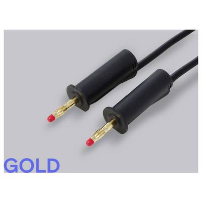 Zwei schwarze Audiokabel mit vergoldeten Bananensteckern mit roten Spitzen, mit blauem "GOLD"-Etikett auf grauem Hintergrund.