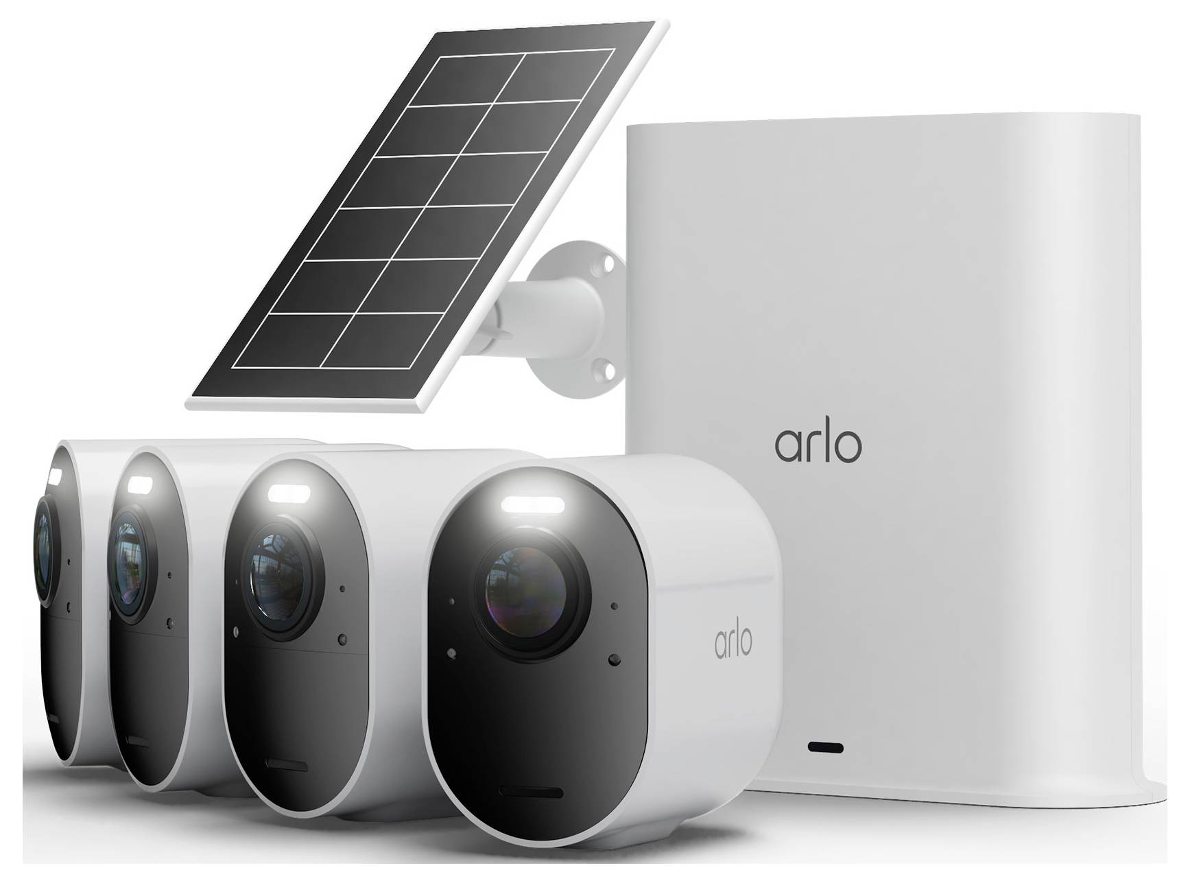 Arlo Home-Sicherheitssystem mit vier Außenkameras und einem Solarladezubehör neben einer Basisstation.