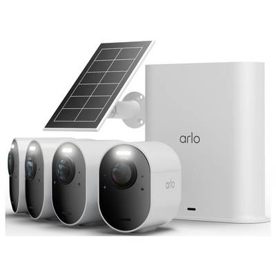 Arlo Home-Sicherheitssystem mit vier Außenkameras und einem Solarladezubehör neben einer Basisstation.
