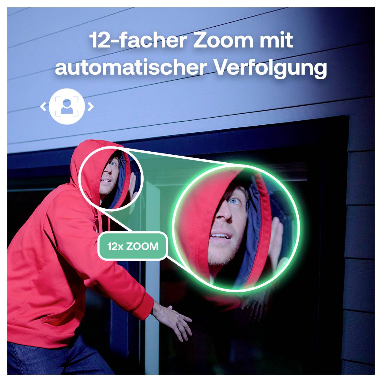 # Anzeige mit einem Mann in rotem Hoodie, mit Text „12-facher Zoom mit automatischer Verfolgung" und einer vergrößerten Einblendung, die die Gesichtsverfolgung auf einem Kameradisplay hervorhebt.
