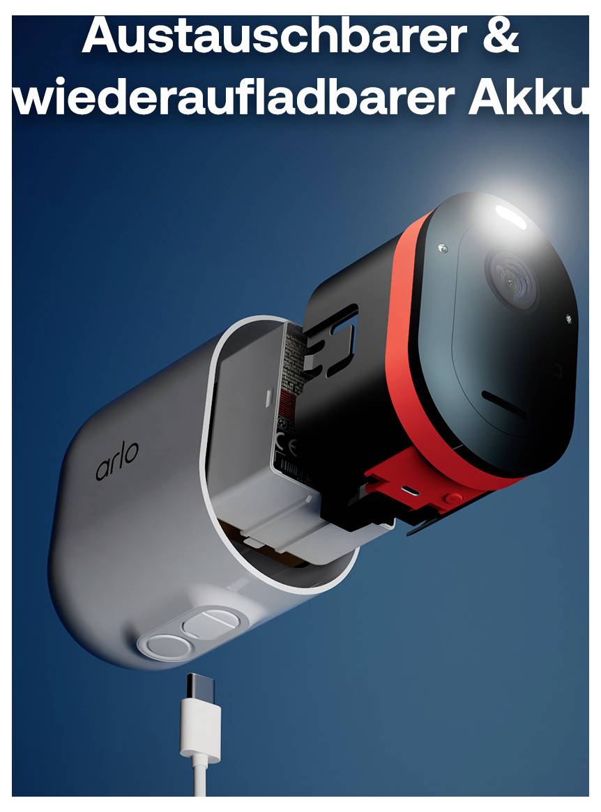 Werbebild einer Arlo-Sicherheitskamera mit austauschbarem, wiederaufladbarem Akku und deutschem Text „Austauschbarer & wiederaufladbarer Akku".