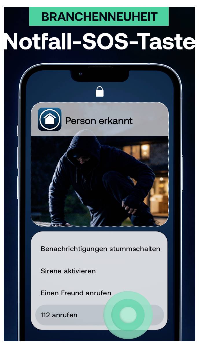 Poster einer „Notfall-SOS-Taste"-App auf einem Smartphone, das „Person erkannt" zeigt und Optionen zum Stummschalten von Benachrichtigungen, Aktivierung einer Sirene, Anrufen eines Freundes oder Wählen von 112 bietet.