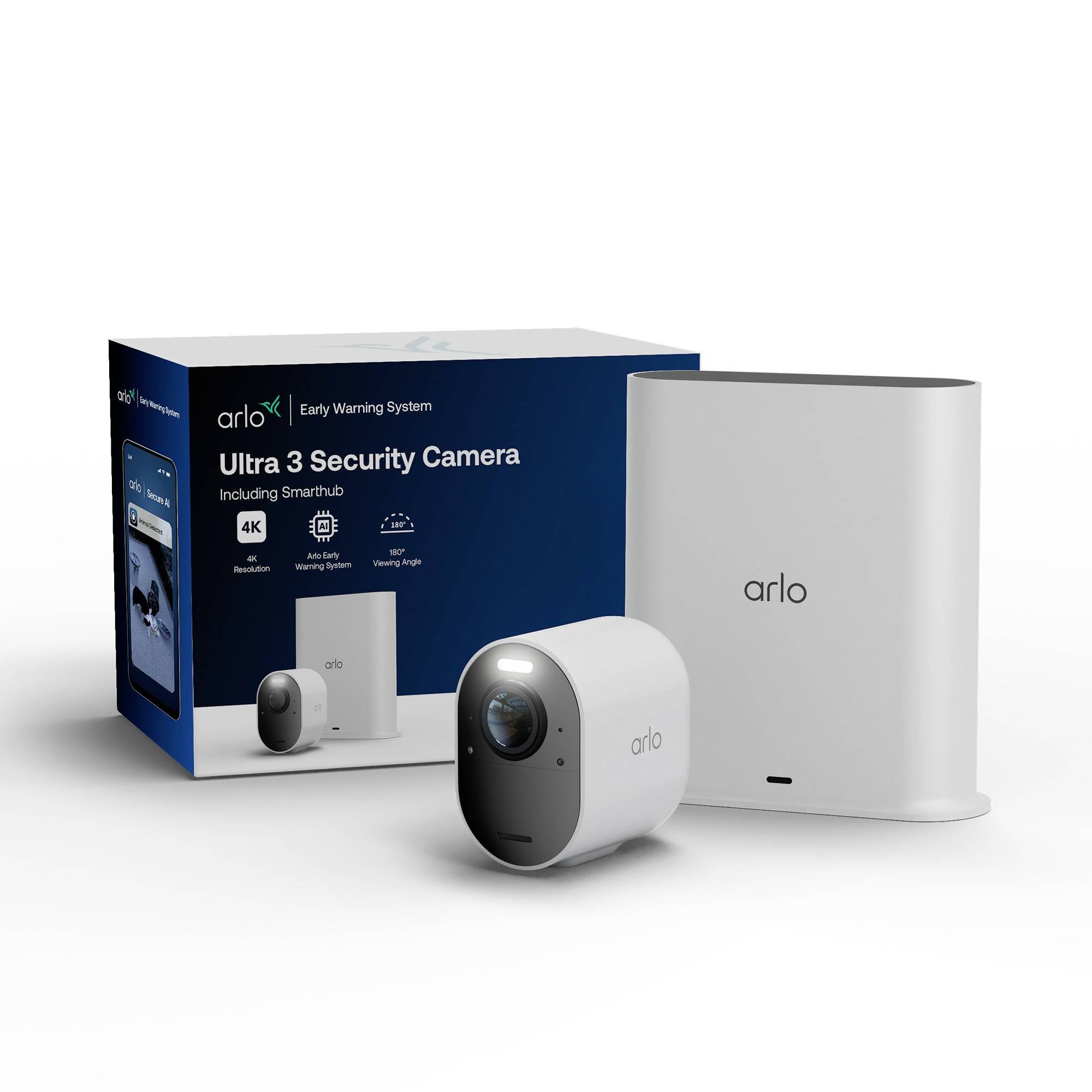 Arlo Ultra 3 Sicherheitskamera-Set mit Basisstation und Einzelhandelsverpackung auf weißem Hintergrund.