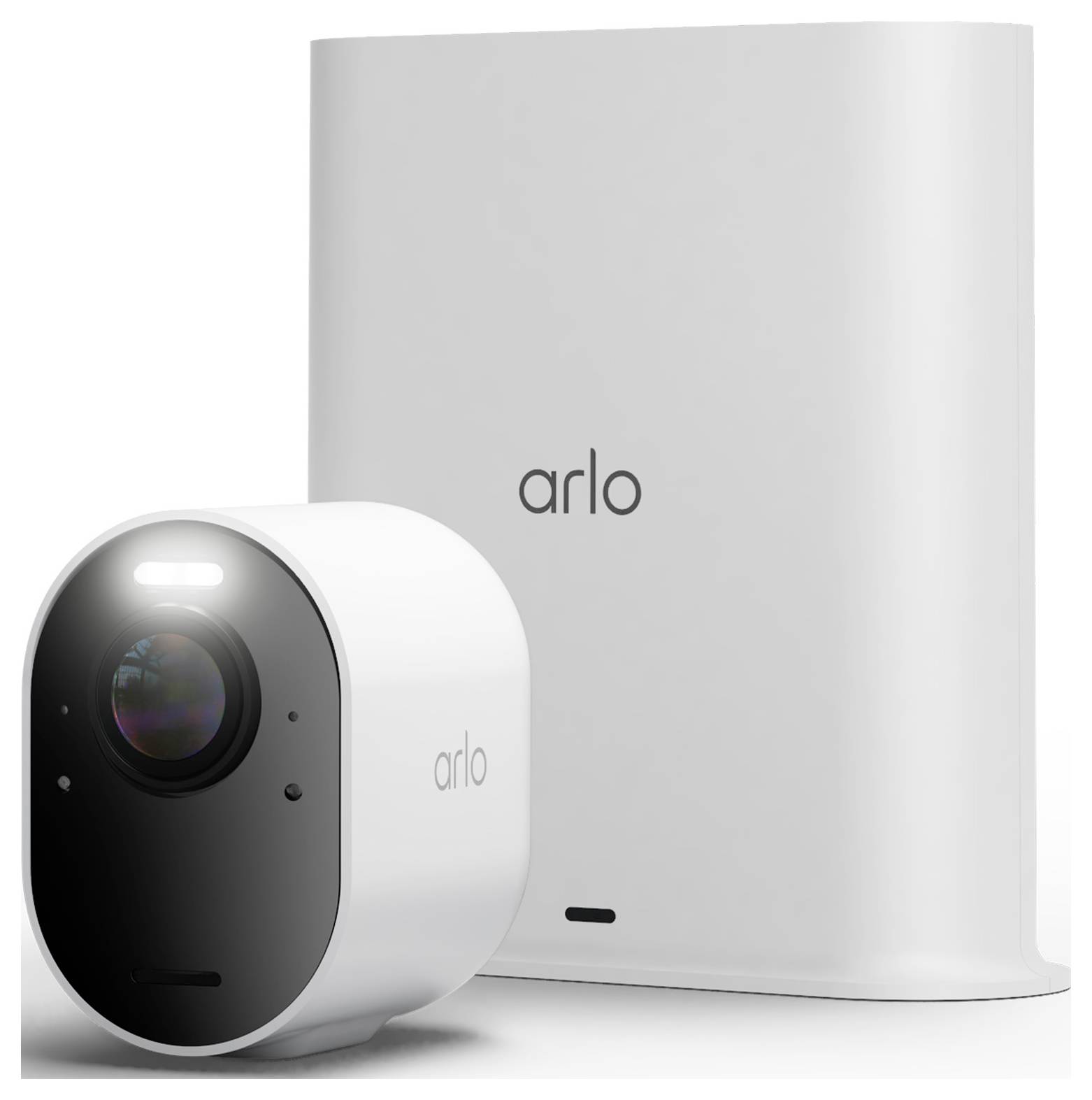Arlo Wireless-Sicherheitskamera und Basisstation, zusammen auf weißem Hintergrund dargestellt.