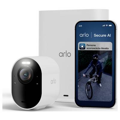 Arlo Sicherheitskamera und App-Benachrichtigung zeigen "Unbekannte Person erkannt" mit einem maskierten Radfahrer auf dem Bildschirm.