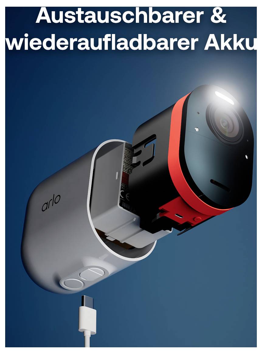 Austauschbarer & wiederaufladbarer Akku<br><br>Arlo Sicherheitskamera mit abnehmbarem wiederaufladbarem Akku und USB-Ladekabel.