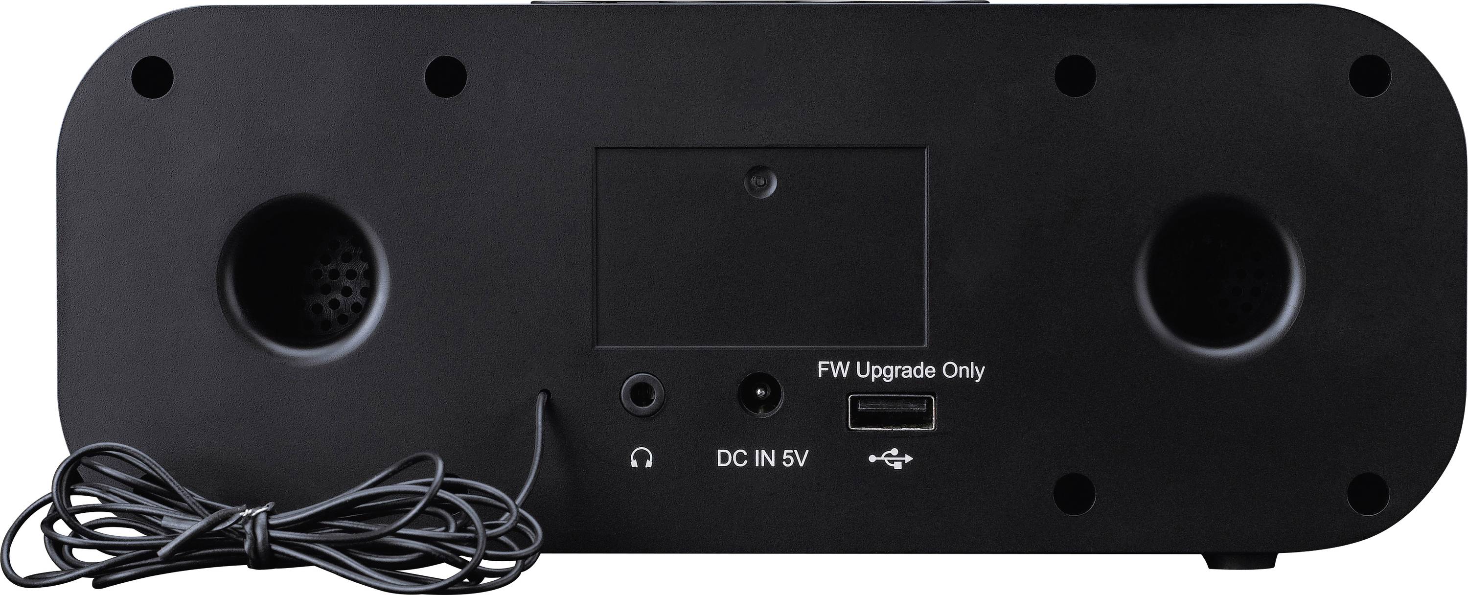 Das Bild zeigt die Rückseite eines schwarzen elektronischen Geräts mit Anschlüssen, die mit „FW Upgrade Only" und „DC IN 5V" beschriftet sind. Ein Kabel ist angeschlossen.