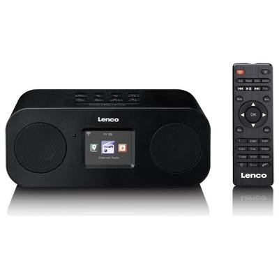 Ein schwarzes Lenco-Digitalradio mit Lautsprechern auf jeder Seite, einem zentralen Display mit der Anzeige "Internet Radio" und einer Fernbedienung daneben.