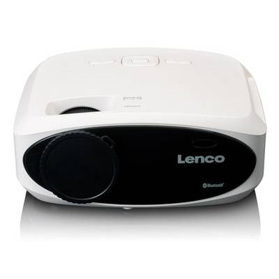 Ein weißer Lenco-Multimediaprojector mit Objektivkappe, mit Bluetooth-Konnektivität, von oben und vorne betrachtet.