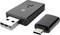 'Wireless-Adapter mit USB- und USB-C-Anschlüssen, mit einer Taste auf der Oberfläche, auf weißem Hintergrund platziert.'