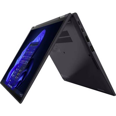 Ein Convertible-Laptop im Zeltmodus, der einen Startbildschirm anzeigt und Flexibilität für verschiedene Blickwinkel präsentiert.