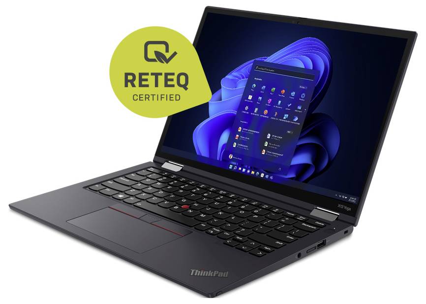 Ein schwarzer Laptop, der einen blauen Windows-Desktopbildschirm anzeigt, mit einem schwebenden "RETEQ Certified"-Badge darüber, das den Zertifizierungsstatus anzeigt.