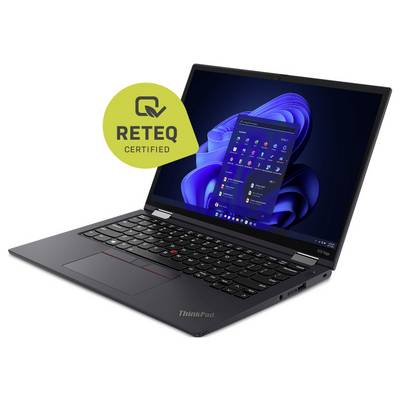 Ein schwarzer Laptop, der einen blauen Windows-Desktopbildschirm anzeigt, mit einem schwebenden "RETEQ Certified"-Badge darüber, das den Zertifizierungsstatus anzeigt.