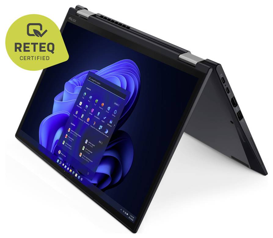 Ein Laptop im Zeltmodus zeigt einen Windows-Desktop mit einem Startmenü. Ein "RETEQ Certified"-Badge ist in der oberen linken Ecke sichtbar.