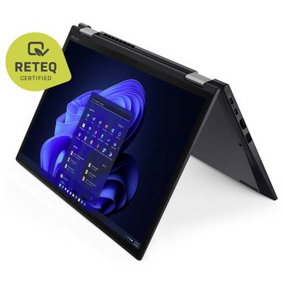 Ein Laptop im Zeltmodus zeigt einen Windows-Desktop mit einem Startmenü. Ein "RETEQ Certified"-Badge ist in der oberen linken Ecke sichtbar.