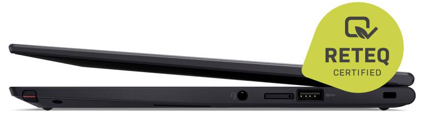 Ein schlanker, geschlossener Laptop mit einem „RETEQ CERTIFIED"-Badge, das eine Zertifizierung anzeigt.