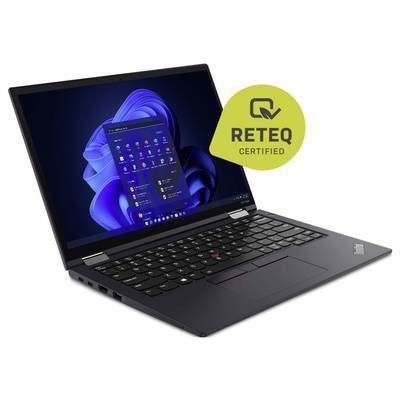 Ein schwarzer Laptop mit leicht geöffnetem Bildschirm zeigt das Windows 11-Startmenü an. Ein grünes "RETEQ Certified"-Abzeichen ist oben sichtbar.