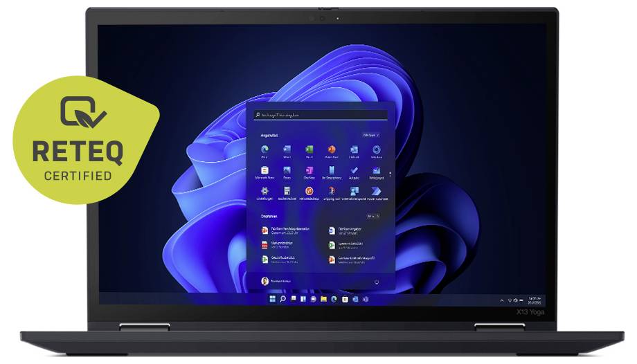 Ein Laptop zeigt einen Bildschirm mit dem Windows 11 Startmenü an. Er verfügt über ein "RETEQ ZERTIFIZIERT"-Abzeichen, das anzeigt, dass er erneuert wurde.