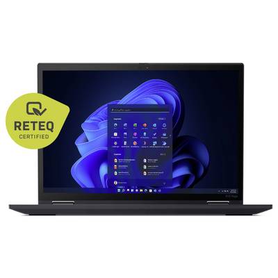 Ein Laptop zeigt einen Bildschirm mit dem Windows 11 Startmenü an. Er verfügt über ein "RETEQ ZERTIFIZIERT"-Abzeichen, das anzeigt, dass er erneuert wurde.