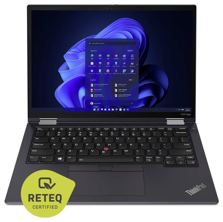 Ein schwarzer Laptop mit dem Windows 11-Startmenü auf dem Bildschirm und einem „RETEQ CERTIFIED"-Etikett in der unteren linken Ecke.