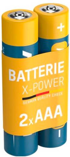 Packung mit zwei AAA-Batterien mit der Beschriftung „BATTERIE X-POWER" und „2x AAA" in gelber und blauer Verpackung.