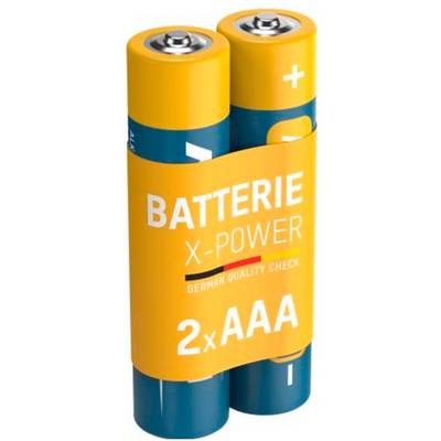 Packung mit zwei AAA-Batterien mit der Beschriftung „BATTERIE X-POWER" und „2x AAA" in gelber und blauer Verpackung.