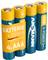 Vier AAA-Batterien in orange und blauer Verpackung mit den Aufschriften „BATTERIE X-POWER" und „4x AAA".
