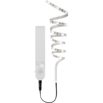 Weiße LED-Streifenleuchte mit angebrachtem Regler, aufgerollt mit Kleberrückseite, Stromkabel und Steuertasten dargestellt.