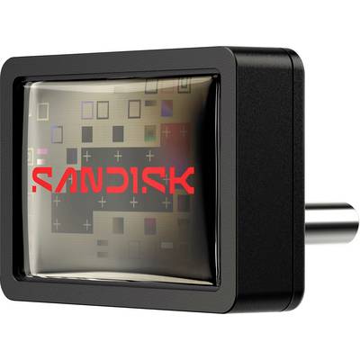 Ein Nahaufnahmebild eines SanDisk-Geräts mit einem reflektierenden Bildschirm, der verschiedene geometrische Muster und Farben anzeigt und digitale Speicherung symbolisiert.
