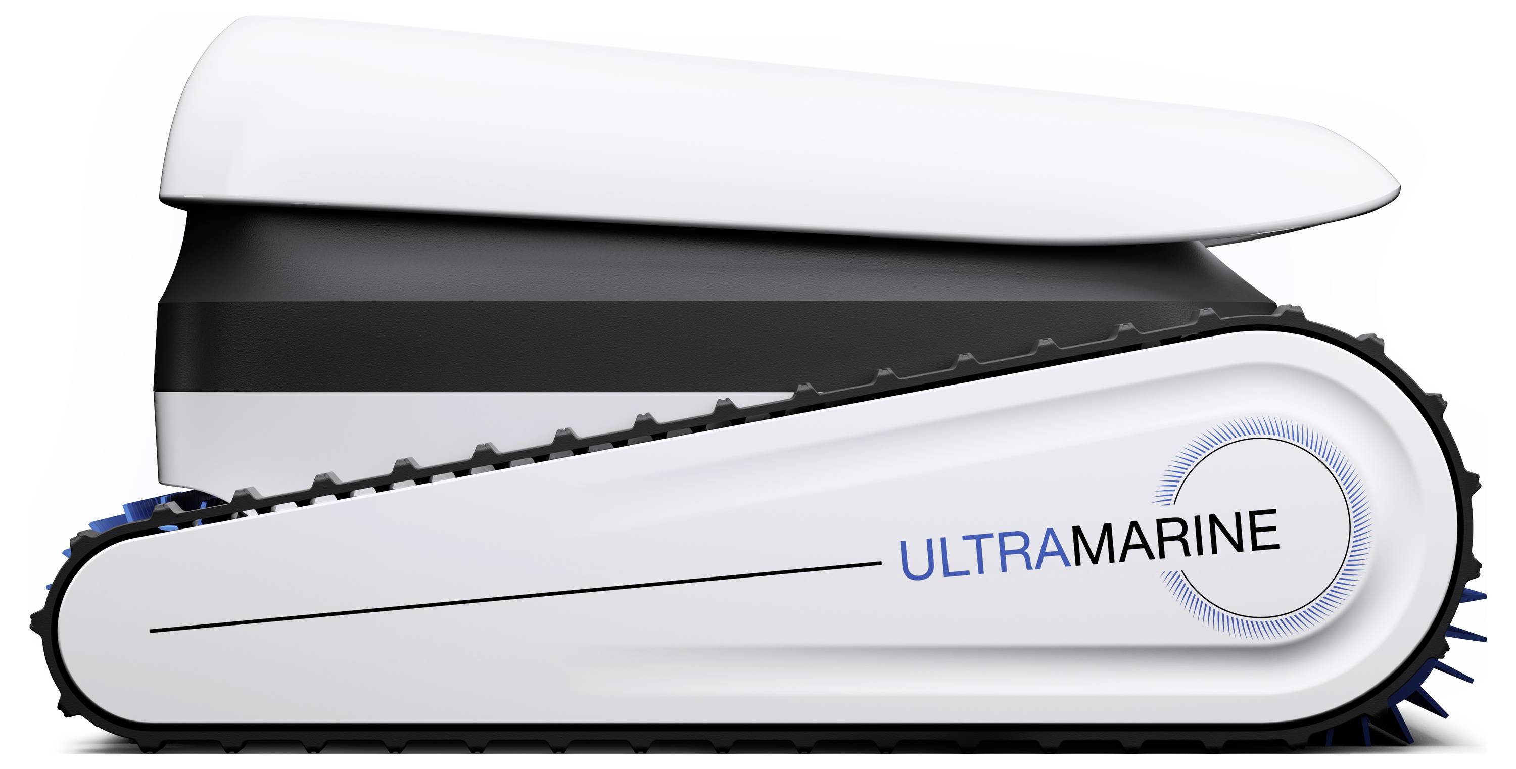 Ein Roboter-Poolreiniger mit Raupenantrieb im Panzerstil, mit der Bezeichnung „ULTRAMARINE", entwickelt für eine effiziente Reinigung von Pooloberflächen.