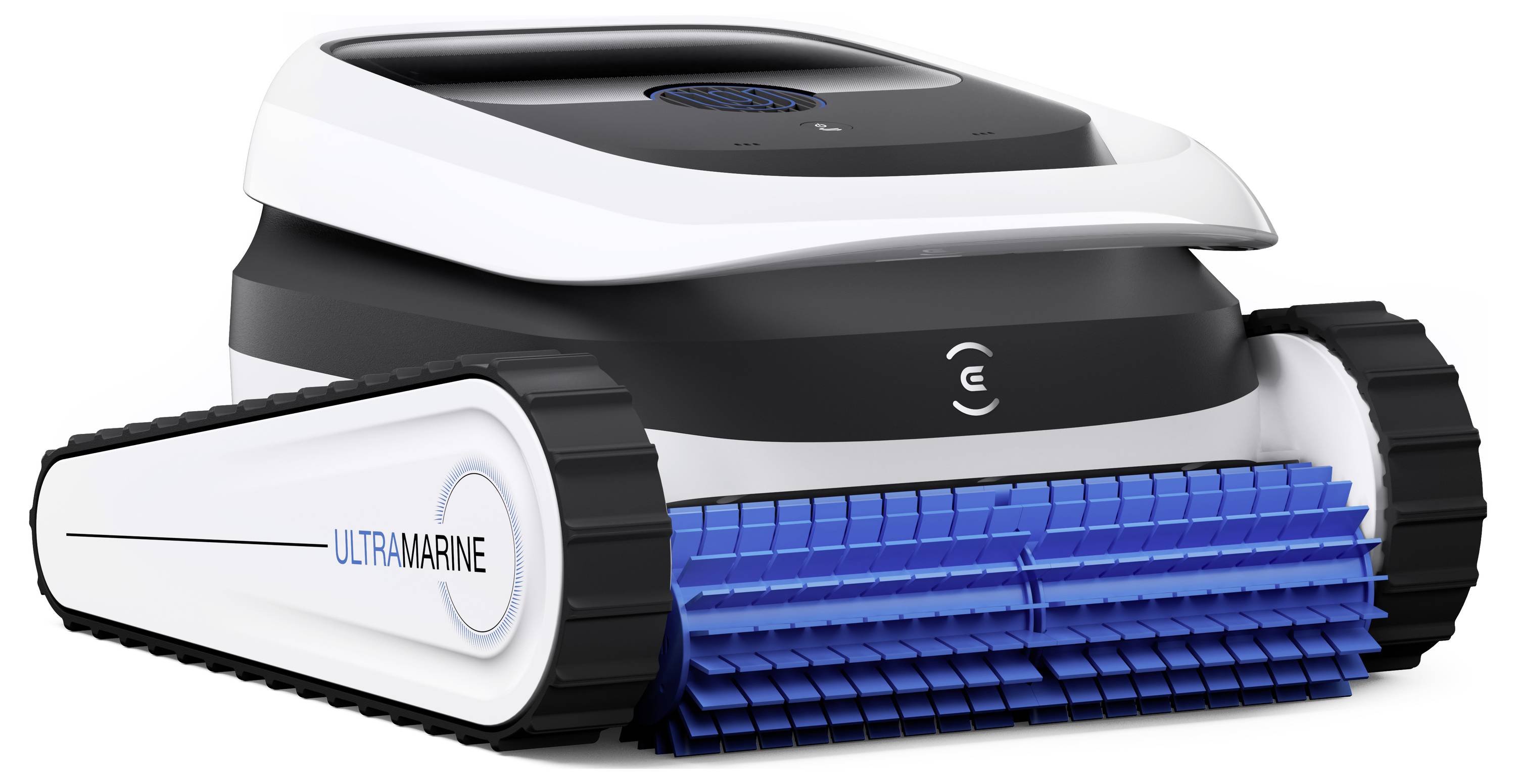 Ein weiß-schwarzer robotischer Poolreiniger mit blauen Bürsten, mit der Bezeichnung „Ultramarin", mit panzerartigen Ketten für die Mobilität.