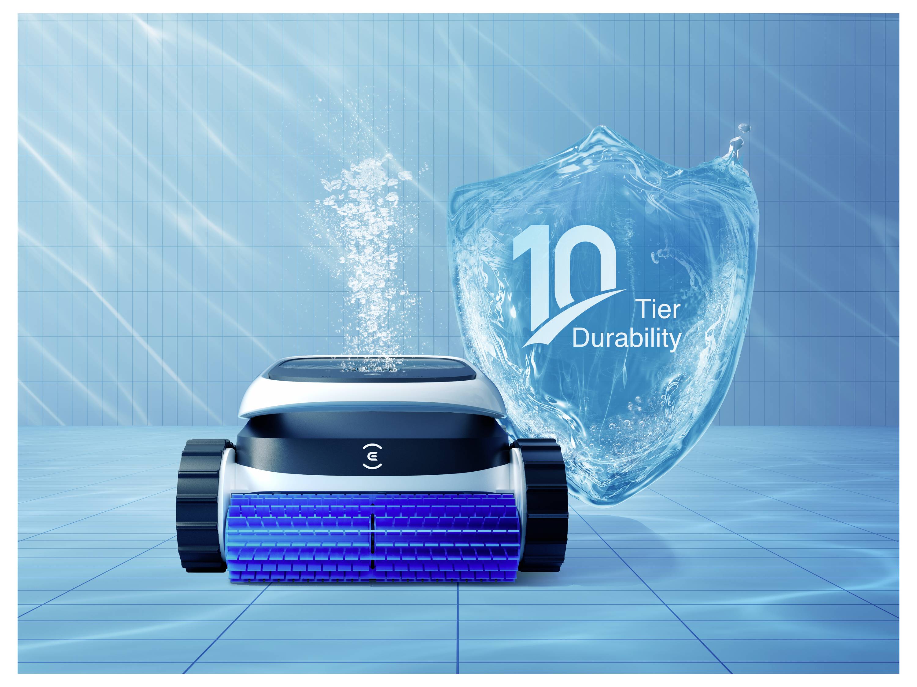 Ein robotischer Poolreiniger bewegt sich unter Wasser und stoßt Blasen aus. Ein Wasserschutzsymbol zeigt „10-stufige Haltbarkeit" an und deutet auf hohe Effizienz hin.