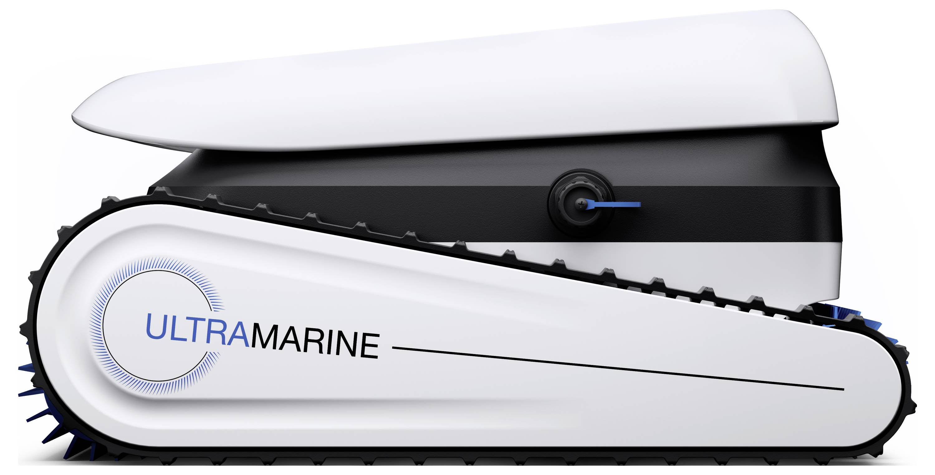 Ein weiß-schwarzer Roboter-Poolreiniger mit Raupenketten, Marke 'ULTRAMARINE', mit modernem Design.