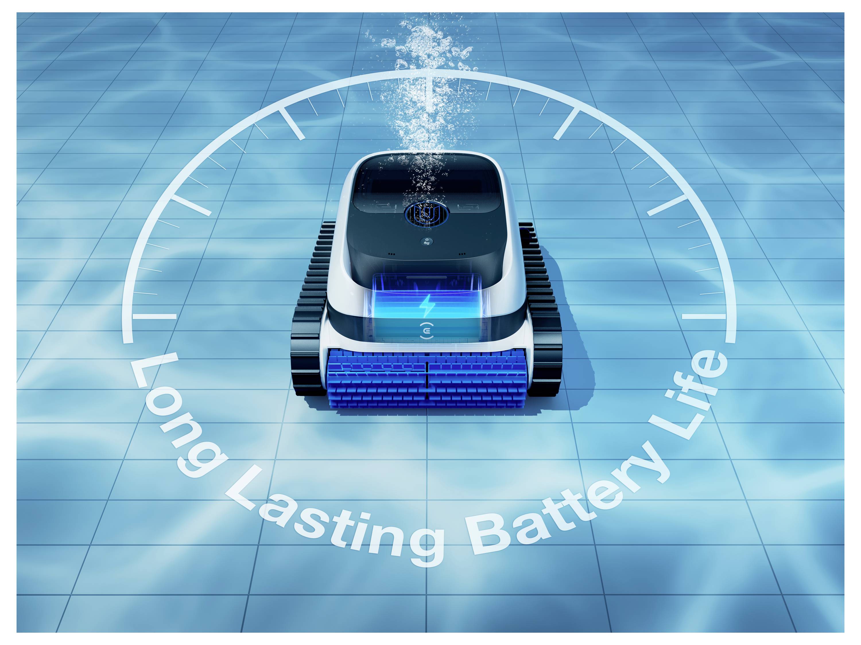Ein Poolroboter unter Wasser zeigt den Text "Langlebige Batterielebensdauer" an. Das Gerät bewegt sich über einen blaufliesigen Poolboden.