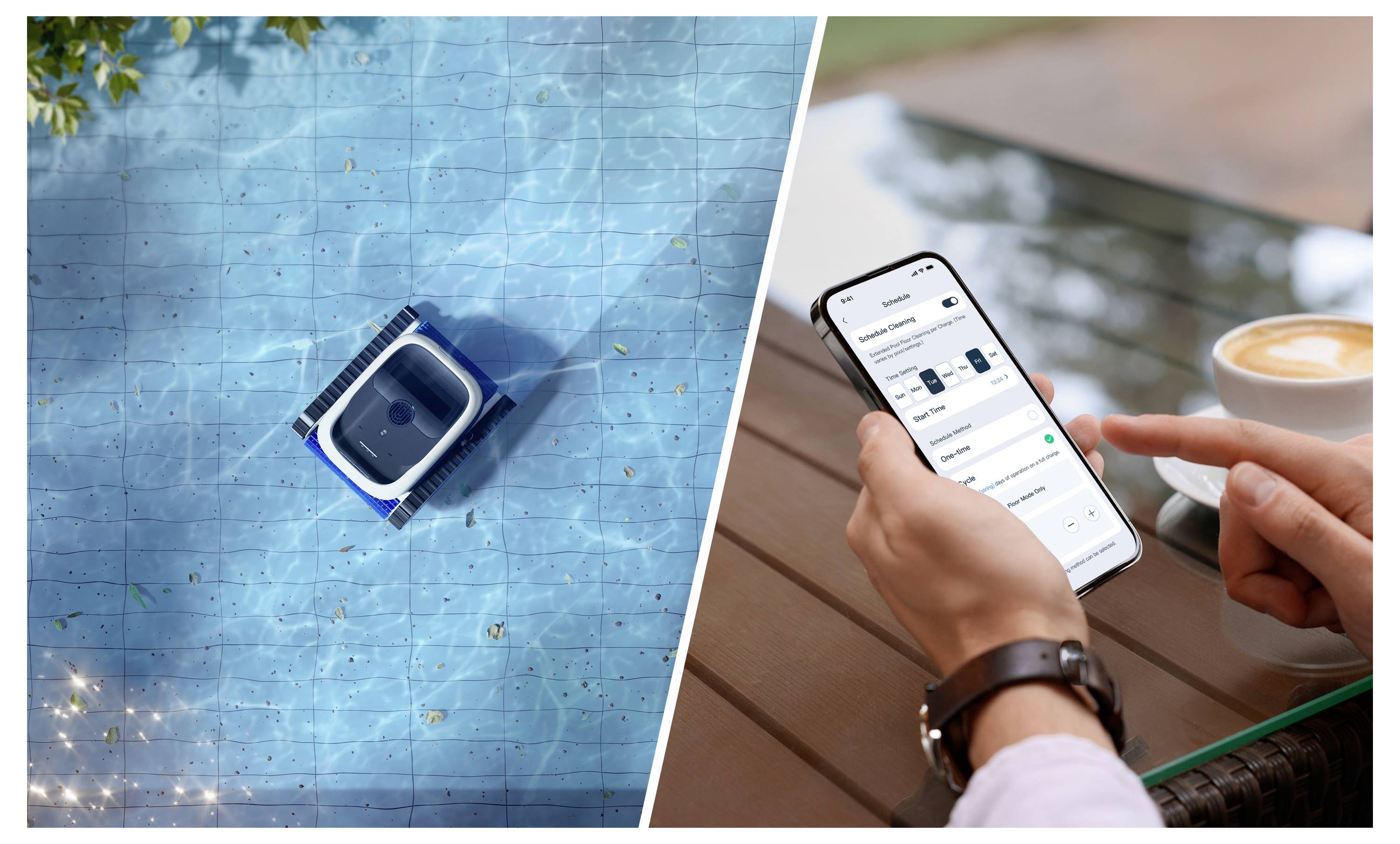 Auf der linken Seite betreibt ein robotischer Poolreiniger einen blaugefliessten Pool. Auf der rechten Seite stellt eine Person die Pooleinstellungen über eine Smartphone-App neben einer Tasse Kaffee ein.