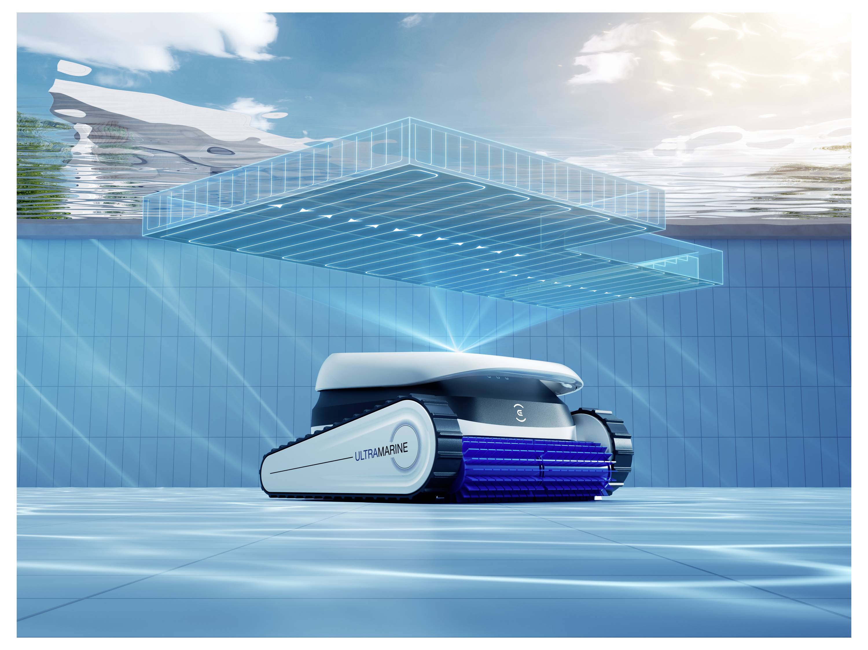 Eine unter Wasser operierende Drohne mit der Bezeichnung „Ultramarine" reinigt den Poolboden, während sie eine gitterartige Struktur oben scannt. Dies veranschaulicht automatisierte Reinigungstechnologie.