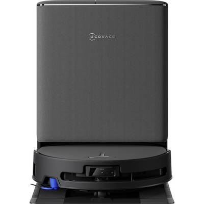 Ein schwarzer Roboterstaubsauger mit elegantem Design, mit dem Ecovacs-Logo oben, positioniert vor einer passenden Ladestation.