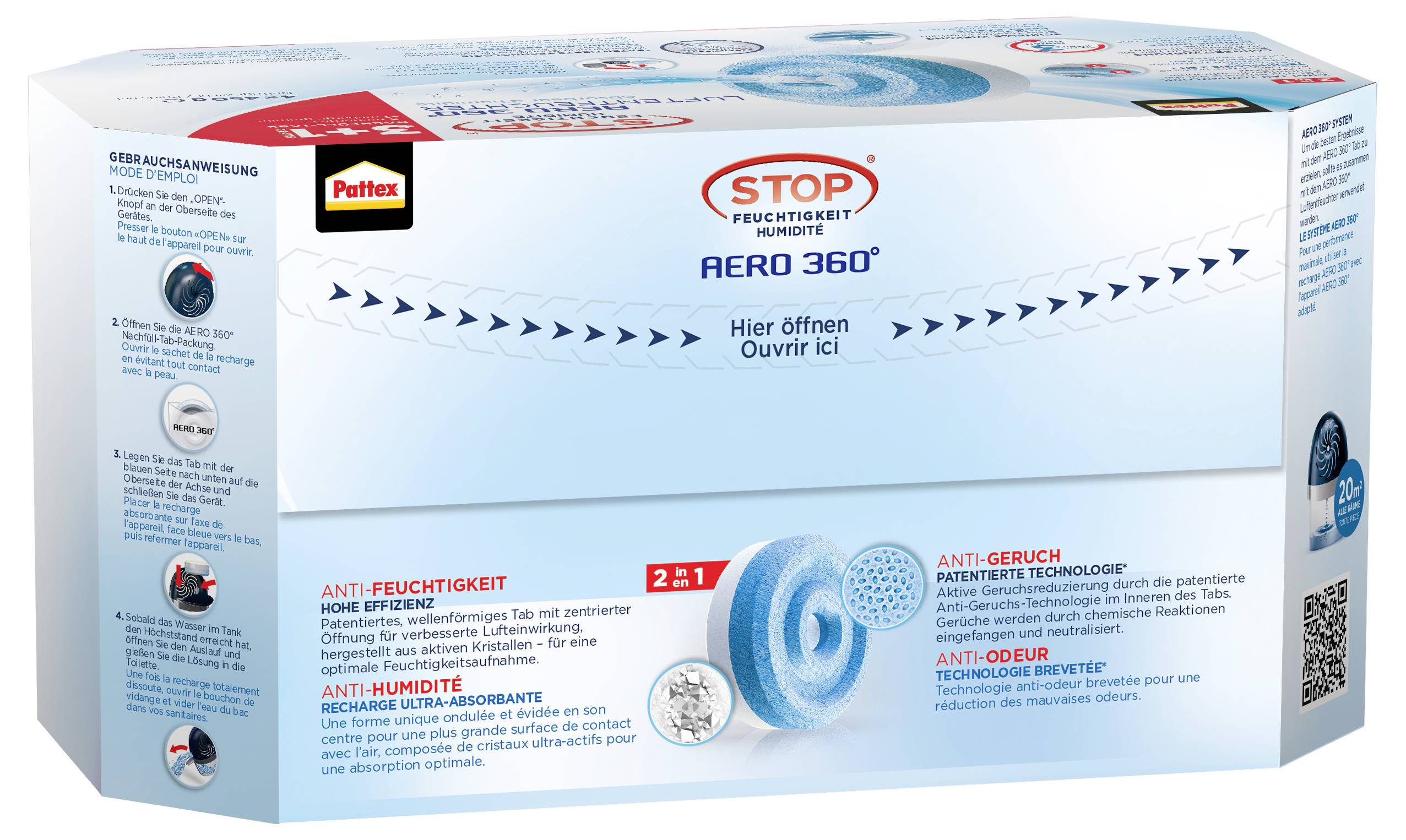 "Aero 360°"-Feuchtigkeitsabsorber-Box-Verpackung mit Produktbildern und Funktionen, einschließlich Anti-Feuchtigkeits- und Anti-Geruchstechnologie.
