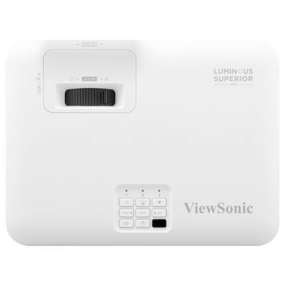 Ein weißer ViewSonic-Projektor mit Bedienfeld und Zoom-Regler. Das Logo der Serie „Luminous Superior" ist auf der Oberfläche zu sehen.