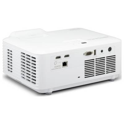 Ein weißer Projektor mit mehreren Anschlüssen an der Seite, einschließlich HDMI, USB und VGA, entwickelt für Multimedia-Präsentationen.