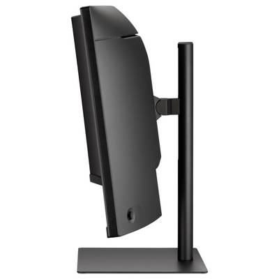 Ein schwarzer Computermonitor von der Seite betrachtet, montiert auf einem verstellbaren Ständer.