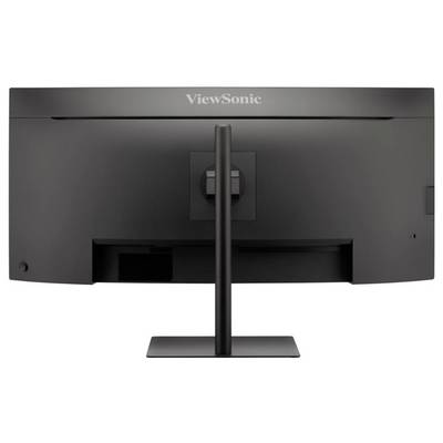 Ein ViewSonic-Computermonitor von hinten betrachtet, mit elegantem Design, zentralem Ständer und Kabelführungsöffnung.