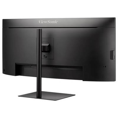 Ein schwarzer ViewSonic-Monitor, von hinten betrachtet, zeigt den Ständer und die Anschlussanschlüsse.