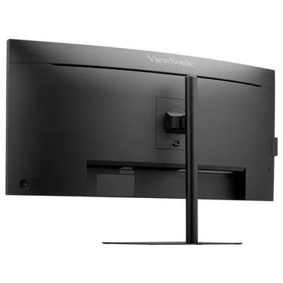 Eine Rückansicht eines schwarzen ViewSonic-Computermonitors auf einem Ständer, die die Befestigungshalterung und Anschlüsse zeigt.