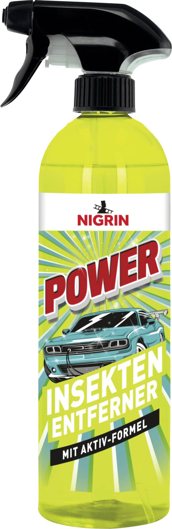 Nigrin Power Insektenentferner Sprühflasche mit schwarzem Auslöser und gelber Flüssigkeit, beschriftet mit „INSEKTEN ENTFERNER" und „MIT AKTIV-FORMEL".